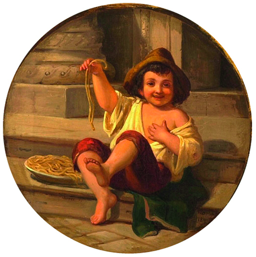 (Julius) Moser (1808) Spaghetti essender Junge, Roma, 19th century - Oil on canvas, 33 × 33 cm